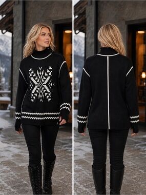 T by Talbots Nordic Snowflake Black Ivory Mock Neck Zip Sweater Thumbholes M